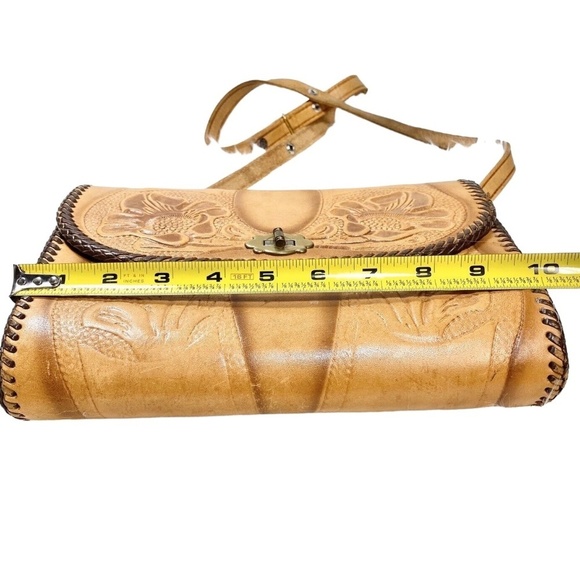 Vintage Hand Tooled Brown Leather Purse Adjustable Wide Strap Handbag - Picture 14 of 15